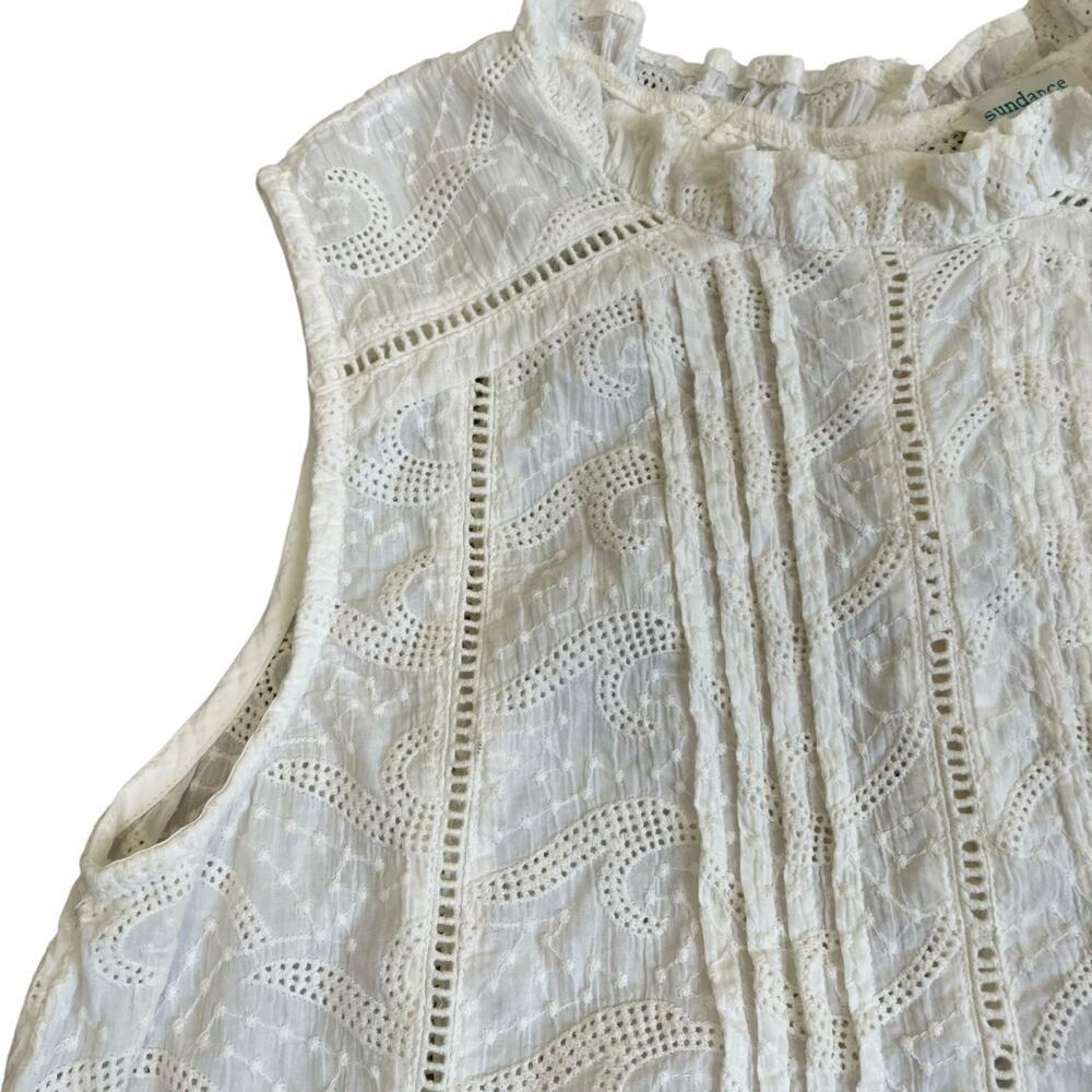 Sundance Sz S Ivory Sleeveless Blouse Crochet Eyelet Ruffled Trims Cotton - Picture 8 of 16